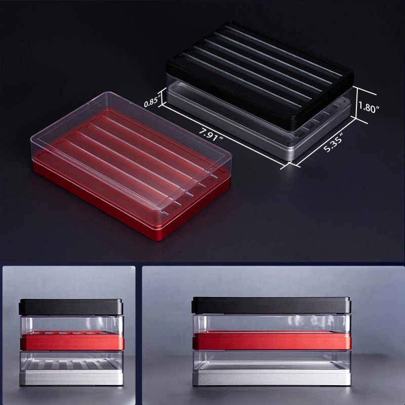 ZOMOPLUS One Piece Metal Keycap Display & Storage Box ZOMOPLUS X BugerWork metal keycap box with stackable design, dimensions 7.91x5.35x1.80 inches, perfect for organizing keycaps.
