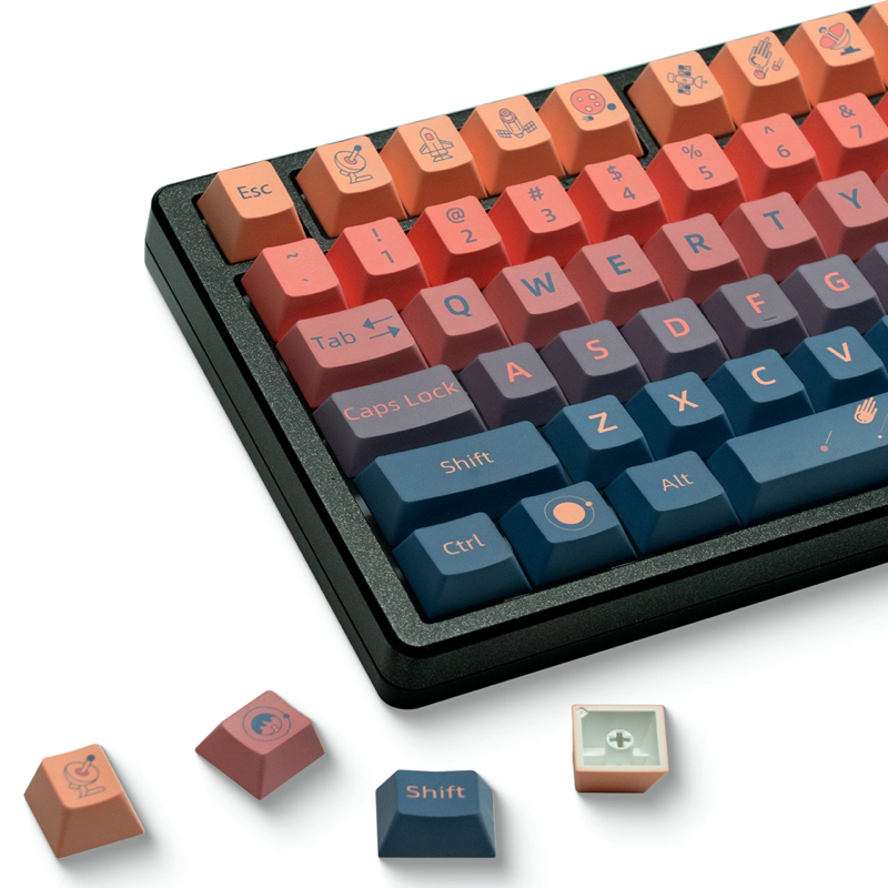 Close-up of XVX Spacecraft Cherry Profile Keycaps Set's left half, showing spacecraft-inspired legends and key variety