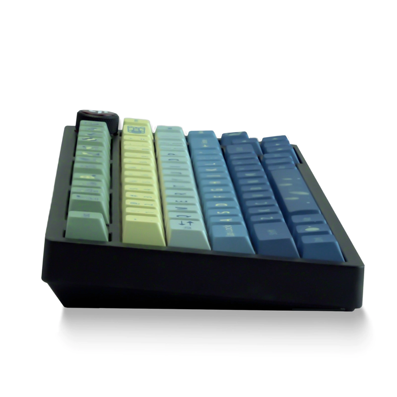 Angled view of XVX Spacecraft Keycaps, demonstrating varied heights of each row in the Cherry profile design