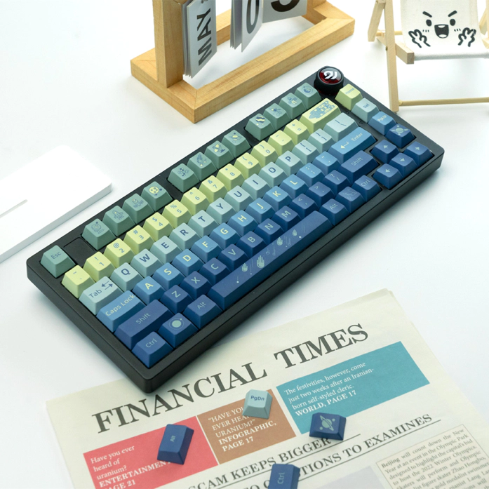 Angled shot of XVX Spacecraft Keycaps, showing compatibility with various keyboard layouts from 61 to 108 keys
