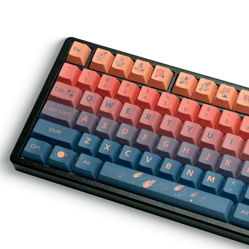 XVX Spacecraft Theme Cherry Profile Keycap Set - Gradient Orange-Blue Macro image of XVX Spacecraft Keycaps' corner, showcasing crisp dye-sublimated legends and key edges