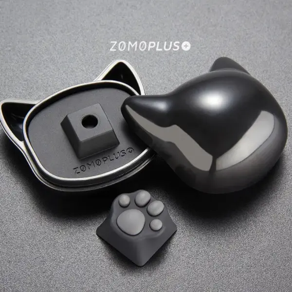 zomoplus-abs-silicone-kitty-paw-artisan-keycap-and-storage-box-black-grey ZOMOPLUS kitty paw keycap alongside its adorable storage box, making it a perfect gift for cat lovers and tech enthusiasts.