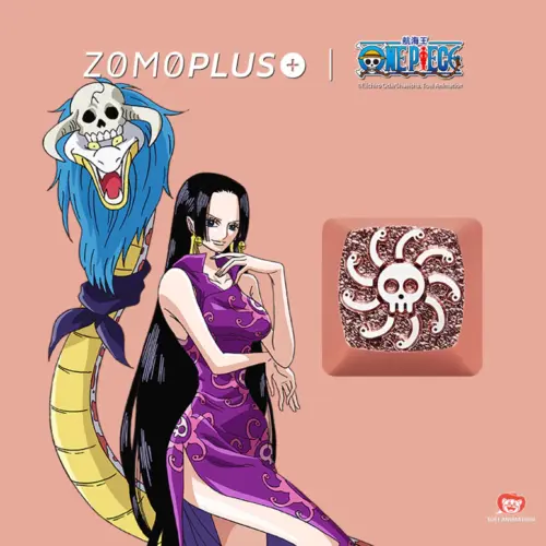 zomoplus-one-piece-boa-hancock-keycap-promo Promotional image featuring ZOMOPLUS Boa Hancock Keycap alongside the character from One Piece, showcasing the intricate design and anime influence.