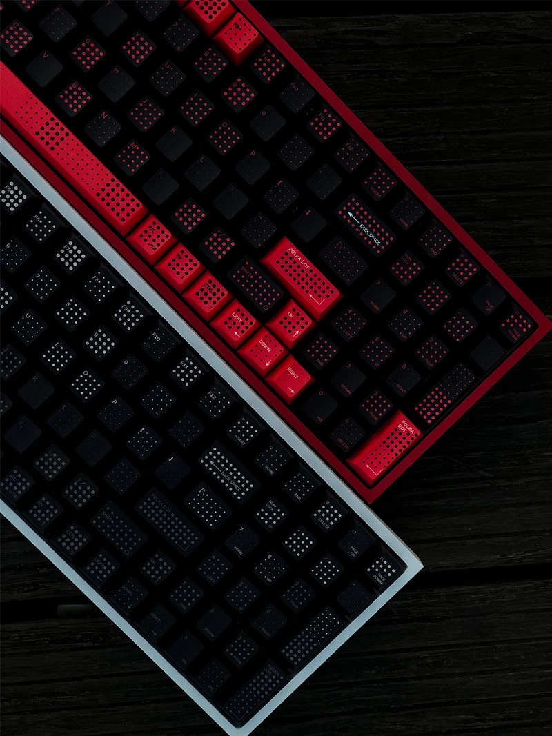 Detailed installation of SINOKEY Polka Dot Keycap Sets in black and red-black, highlighting textures and polka dot patterns.