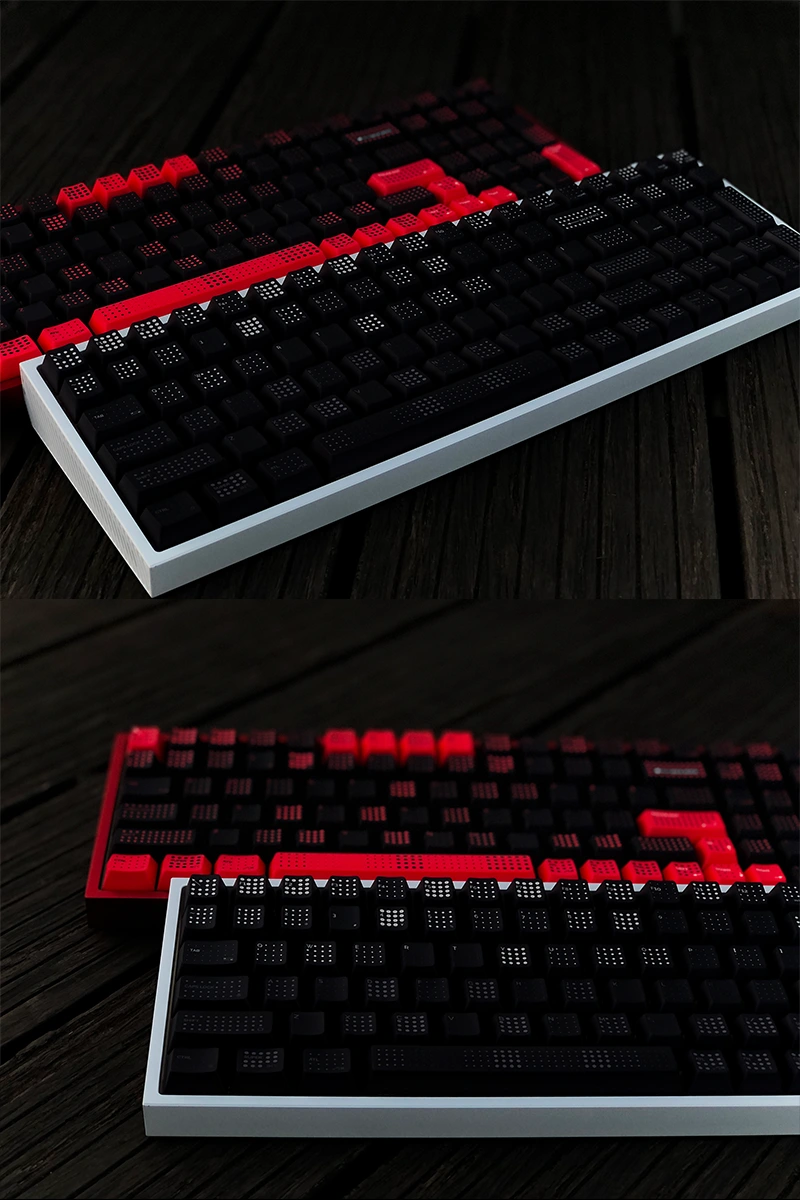Merged display of SINOKEY Polka Dot Keycap Sets in red-black and black, highlighting unique details in one image.