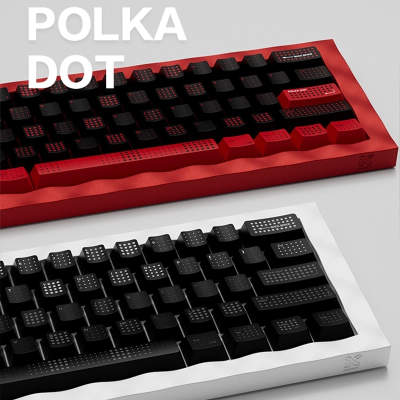 SINOKEY Polka Dot Keycap Sets in red-black and black, displayed on keyboards for comparison and style contrast.