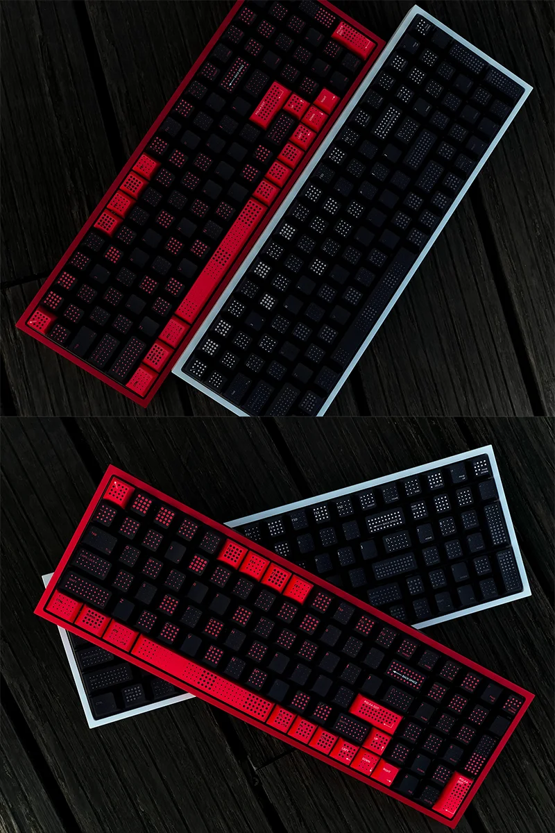 SINOKEY Polka Dot Keycap Sets in red-black and black, combined in one image to showcase their premium finish and design.