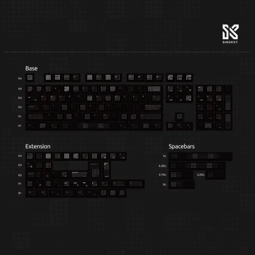 Detailed layout of a keyboard equipped with SINOKEY Black Polka Dot Keycap Set, emphasizing its minimalistic yet bold design.