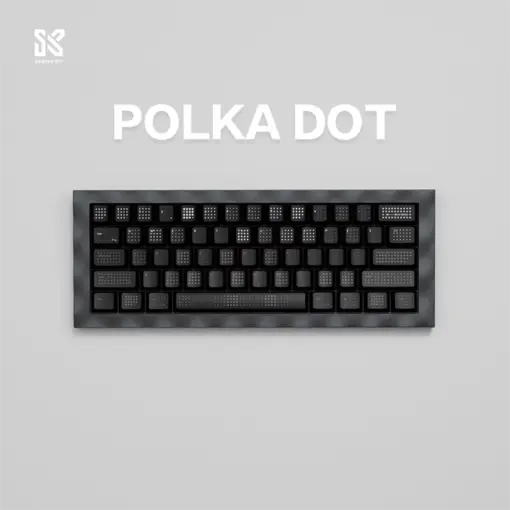 Top-down view of a keyboard featuring the SINOKEY Black Polka Dot Keycap Set, showcasing its clean and minimal design.