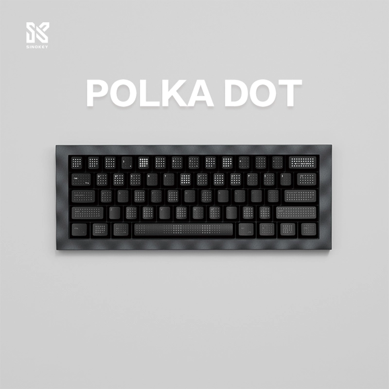 Top-down view of a keyboard featuring the SINOKEY Black Polka Dot Keycap Set, showcasing its clean and minimal design.