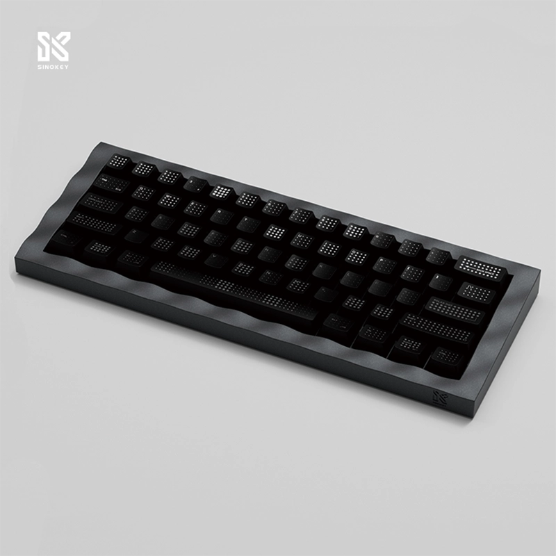 Side-angled overhead view of SINOKEY Black Polka Dot Keycap Set, emphasizing its even dot pattern and comfortable design.