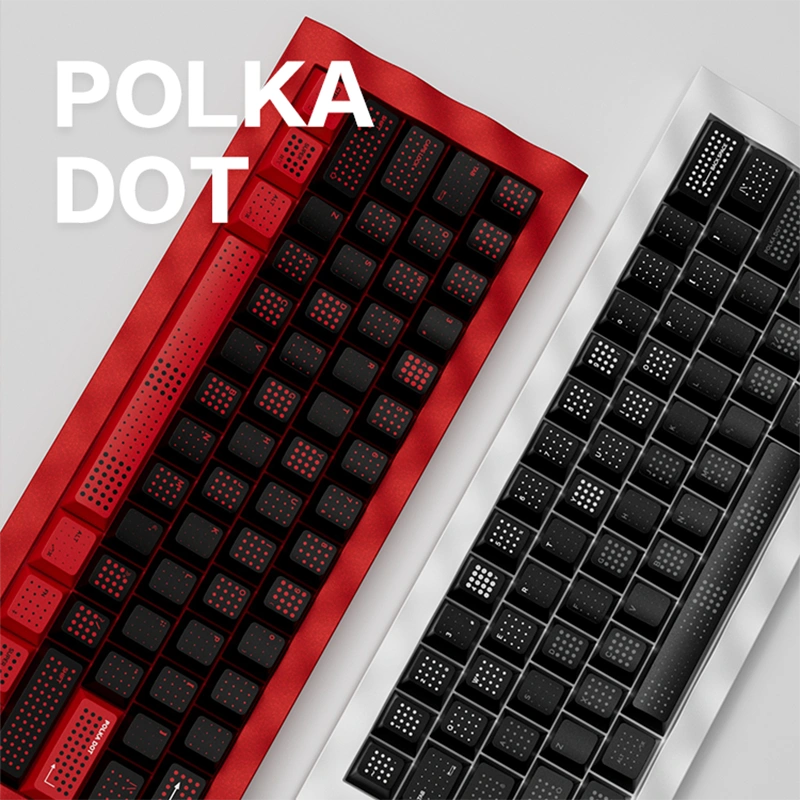 Two SINOKEY Polka Dot Keycap Sets installed, featuring red-black and black designs with textured surfaces and ergonomic profiles.