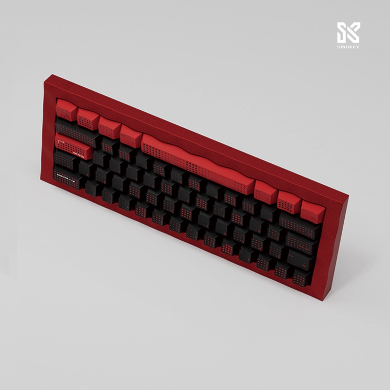 SINOKEY Red-Black Polka Dot Keycap Set displayed on a keyboard, showcasing the vibrant dots and detailed design.