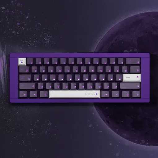 Top-down view of Twilight Violet SINOKEY Moon Phase Keycap Set on a matching purple keyboard shell
