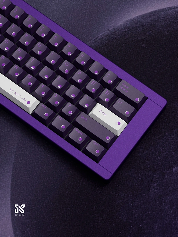 Celestial moon phase keycaps for MX-styled switches, crafted with PBT and custom legends in violet hues