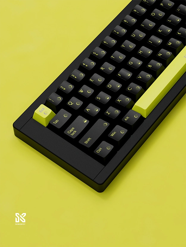 Yellow moon phase keycaps with custom artwork and PBT material for mechanical keyboards.