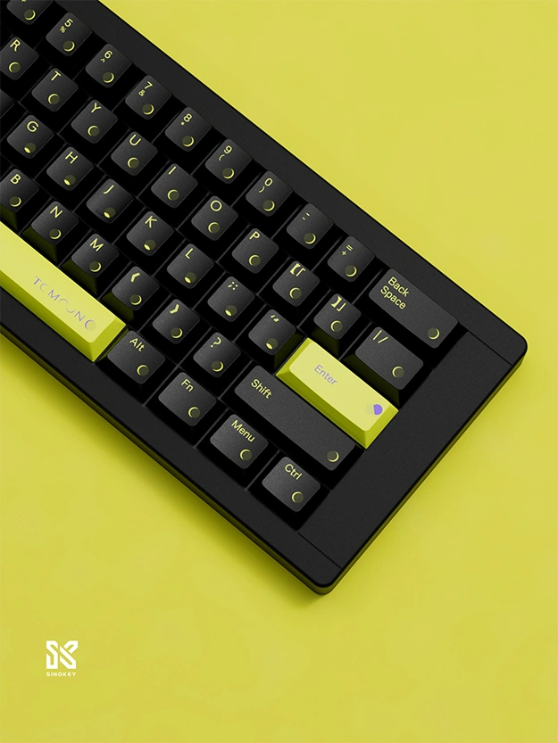 Premium yellow keycap set with lunar phase design, crafted from PBT material with dye-sublimation printing.