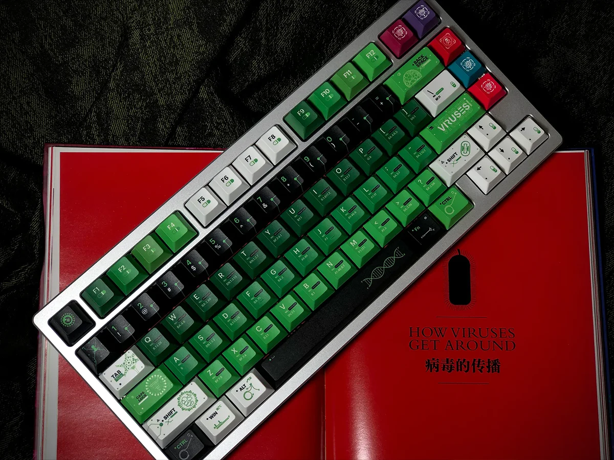 Real product shot of the SINOKEY Viruses Theme keycap set in green, black, and white, showing the intricate design