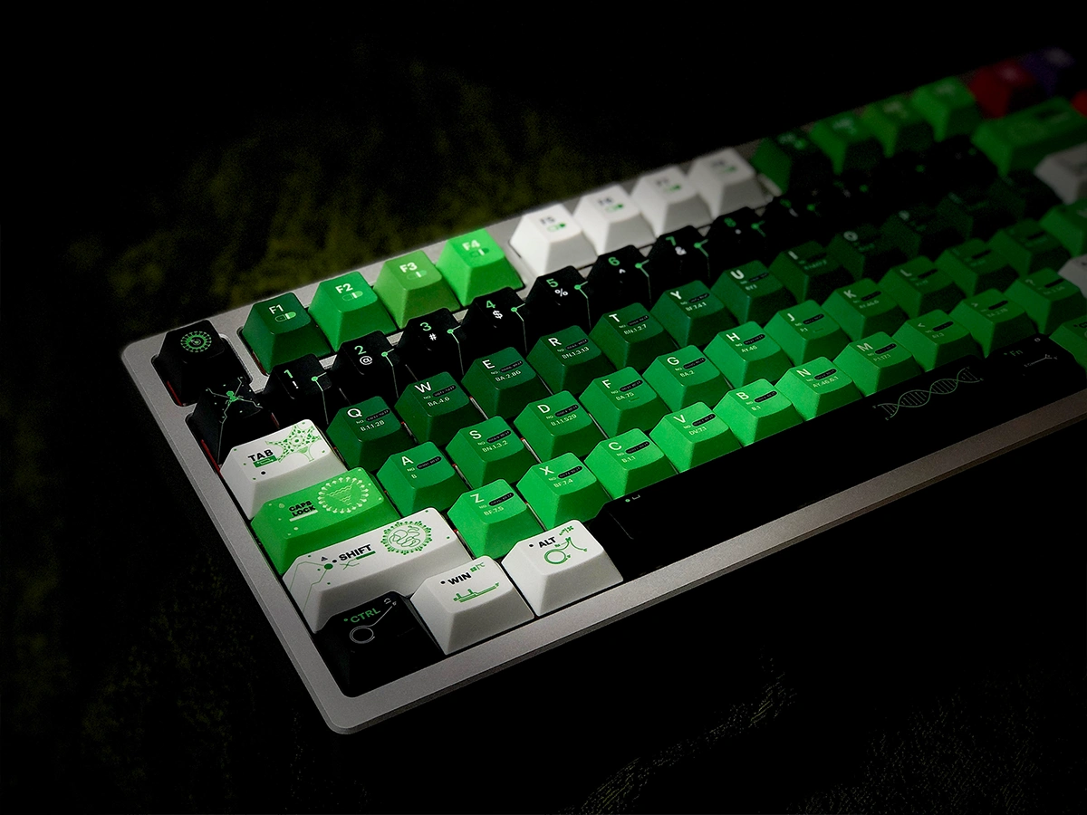 Close-up real shot of the SINOKEY Viruses Theme PBT Cherry Profile Keycaps with a virus theme