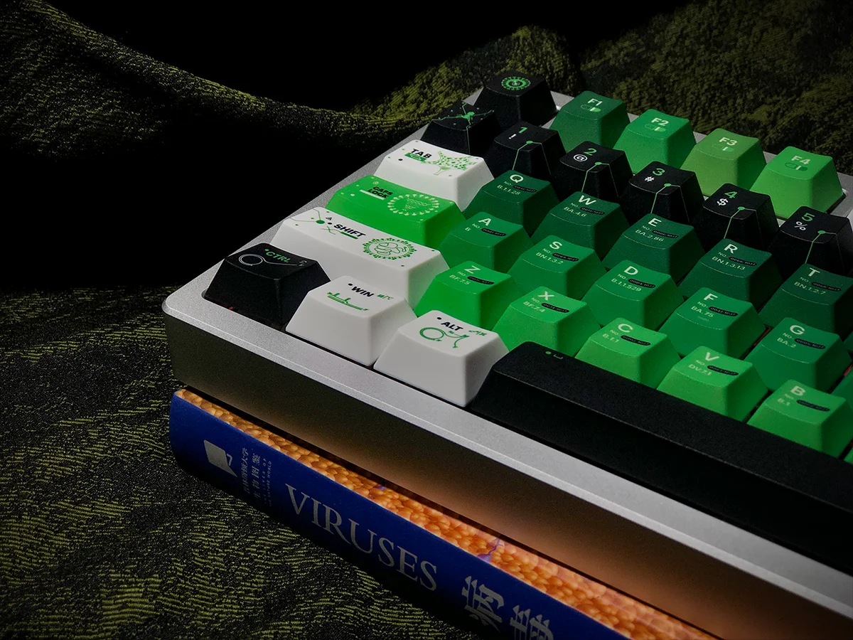 Close-up real shot of the SINOKEY Viruses Theme PBT Cherry Profile Keycaps, in green, black, and white