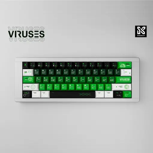 SINOKEY Viruses Theme PBT Keycap Set, featuring a biohazard-inspired design in black and toxic green