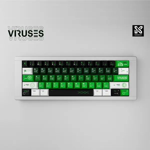sinokey-viruses-theme-keycap-set-top-view SINOKEY Viruses Theme PBT Keycap Set, featuring a biohazard-inspired design in black and toxic green