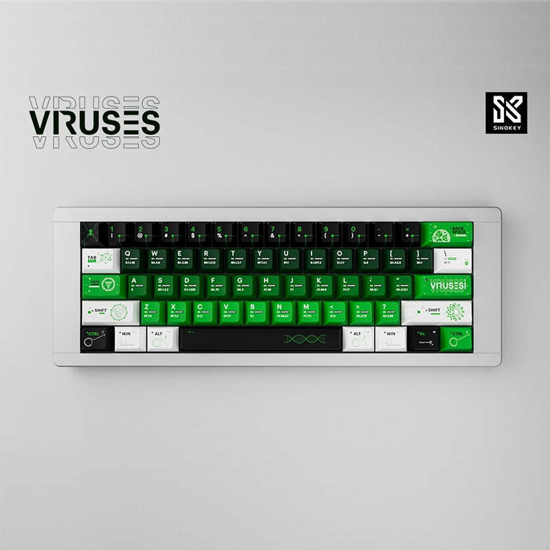 SINOKEY Viruses Theme PBT Keycap Set, featuring a biohazard-inspired design in black and toxic green