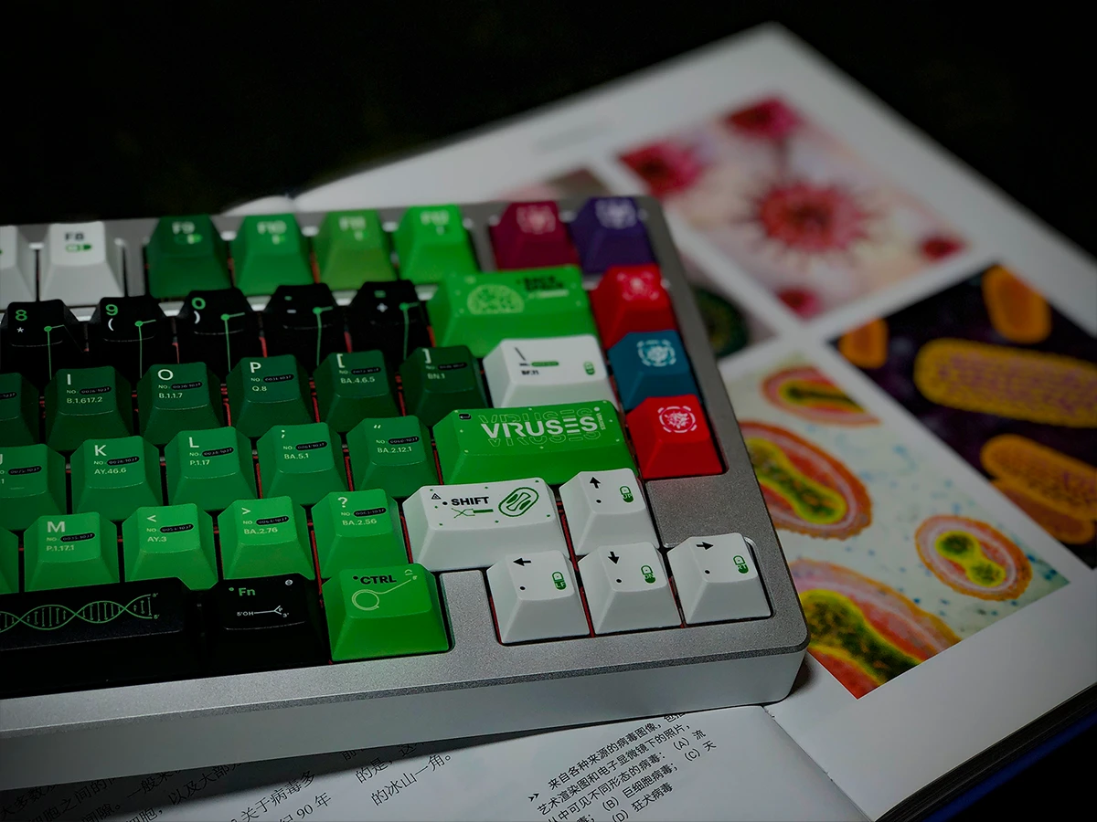 Close-up of SINOKEY Viruses Theme keycaps with unique virus designs and colors