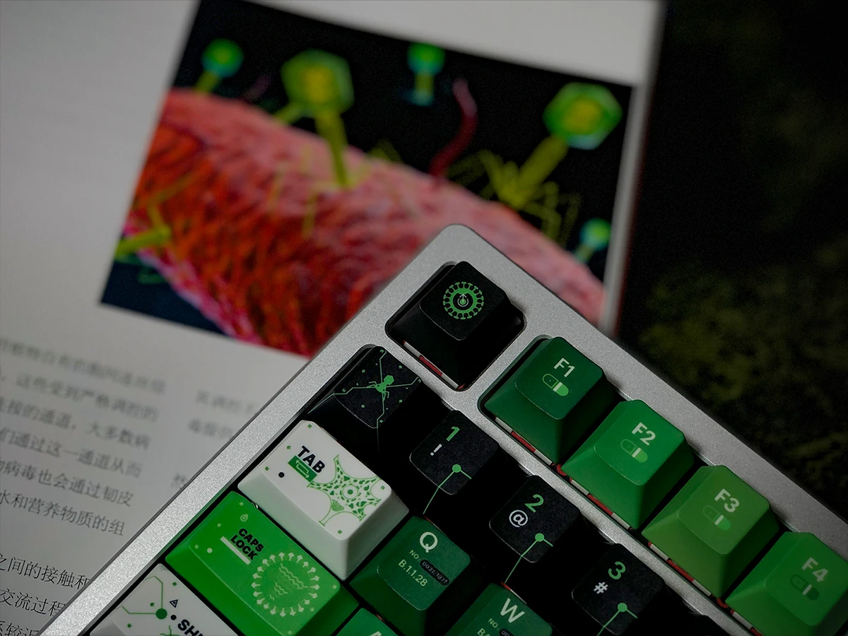 Individual keycaps from the SINOKEY Viruses Theme PBT Cherry Profile Set, with a custom virus design