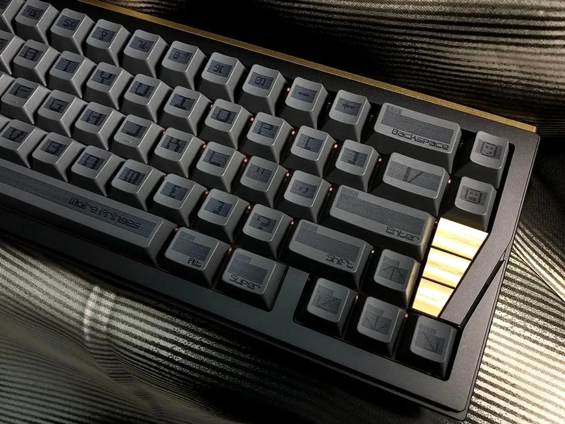 SINOKEY Moire Pattern PBT Black Retro Keycap Set Dark-themed black PBT keycap set with moire texture and subtle typography.
