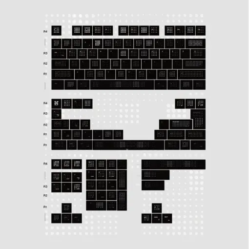 Complete keycap layout chart showing all polka dot keycaps organized by rows, compatibility guide for mechanical keyboards