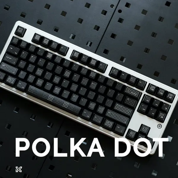 SINOKEY Polka Dot Complete Keyboard - Assembled Black Keycap Set Showcase Complete mechanical keyboard with black polka dot keycaps installed, white keyboard frame, professional gaming setup