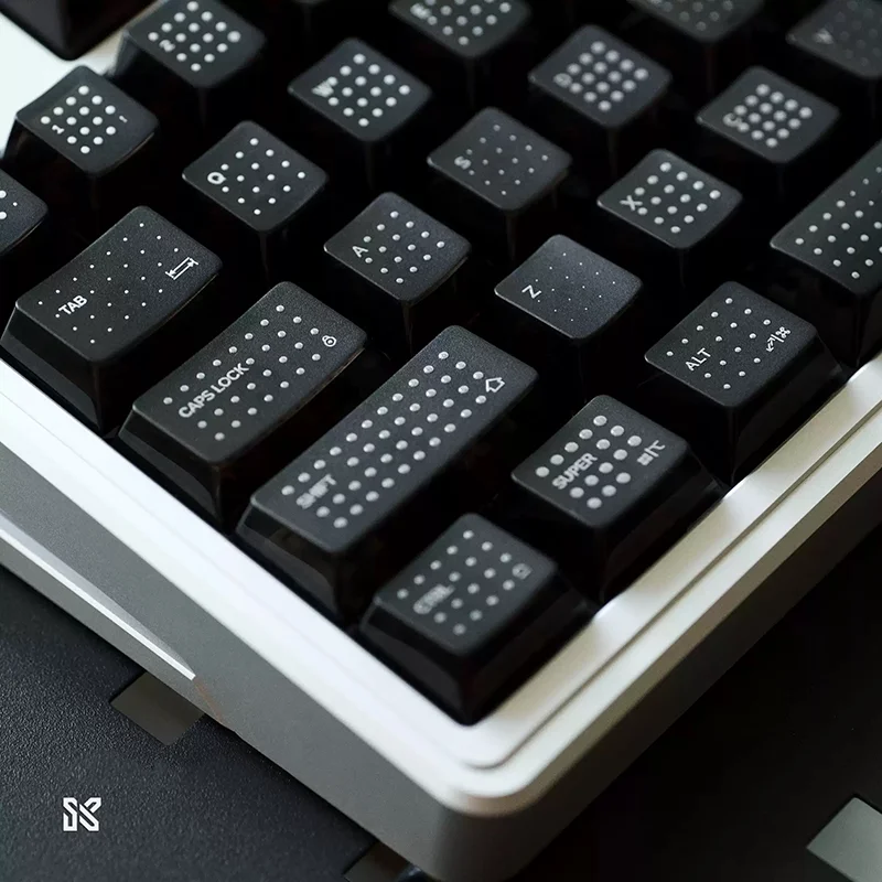 Black polka dot keycaps without backlighting showing premium PC material quality and precise dot pattern craftsmanship