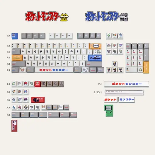 Complete Pokemon Unown keycaps set layout showing 28 authentic symbols and legendary Pokemon accent keys