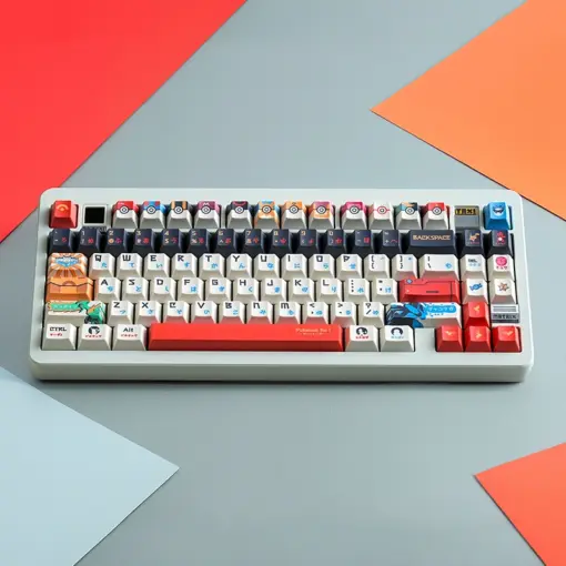 Pokemon keycaps cherry profile layout showing colorful Pokeball themed keys with character designs on white mechanical keyboard