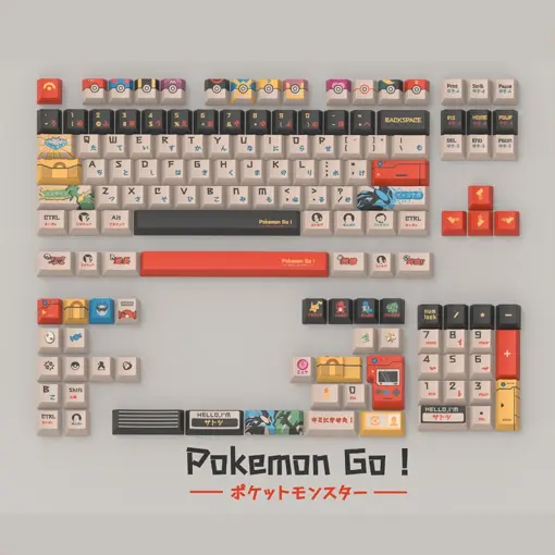 Complete Pokemon keycaps kit layout showing full keyboard set with novelty keys, spacebars, numpad keys and artisan Pokemon designs