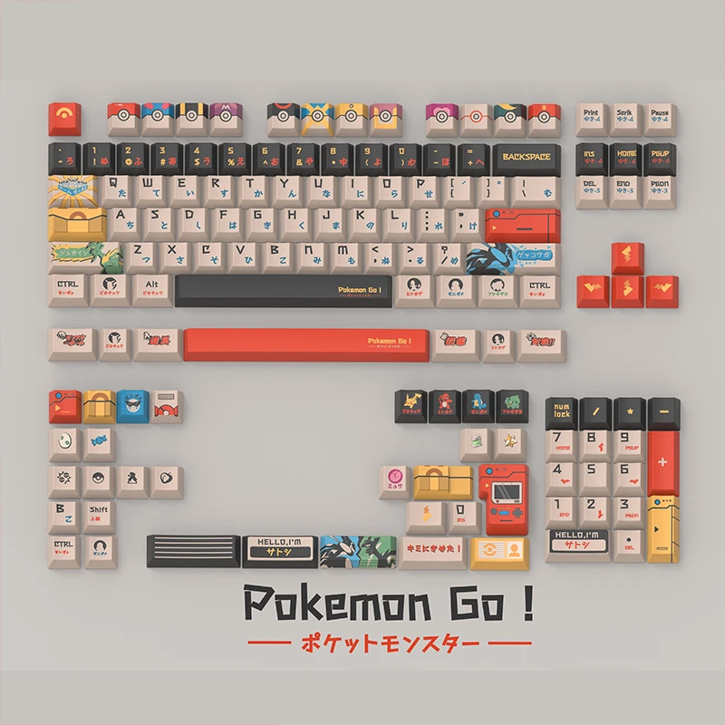 Complete Pokemon keycaps kit layout showing full keyboard set with novelty keys, spacebars, numpad keys and artisan Pokemon designs