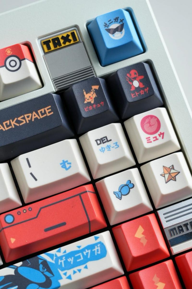 Pokemon Master Cherry Profile Keycaps Pokemon keycaps featuring Pikachu and Squirtle character artwork with game reference keys and authentic Japanese styling