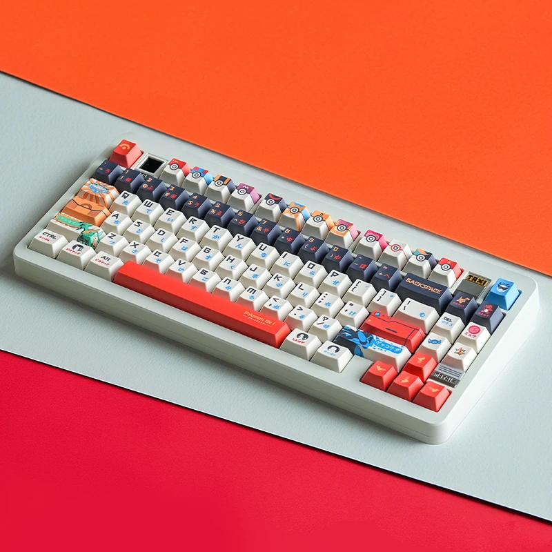 Side profile view of Pokemon cherry profile keycaps showing premium build quality and vibrant Pokeball color scheme on keyboard