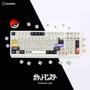 Full Pokemon keycap set layout displaying complete alphabet with pixel Pokemon characters and gaming elements