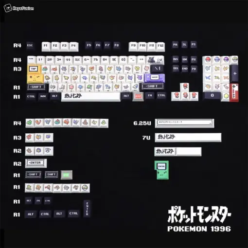 Complete Pokemon keycap set layout showing all included keys organized by rows with compatibility information