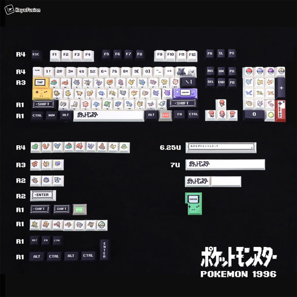 Complete Pokemon keycap set layout showing all included keys organized by rows with compatibility information