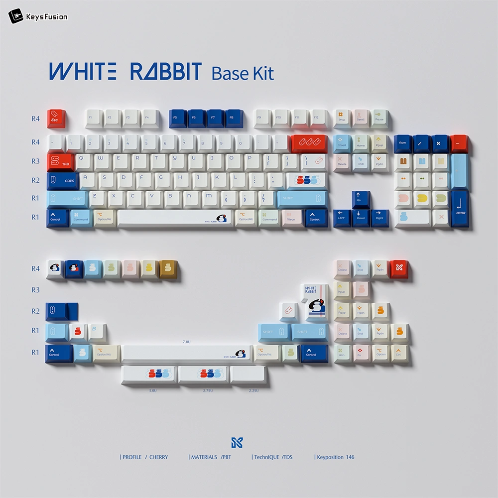 Complete layout diagram of SINOKEY White Rabbit Cherry profile keycaps showing all 146 keys organized by rows