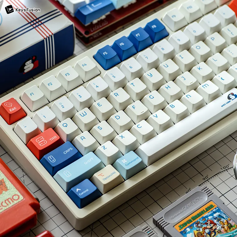 Close-up of SINOKEY White Rabbit Cherry keycaps left section showing red ESC key and blue function keys