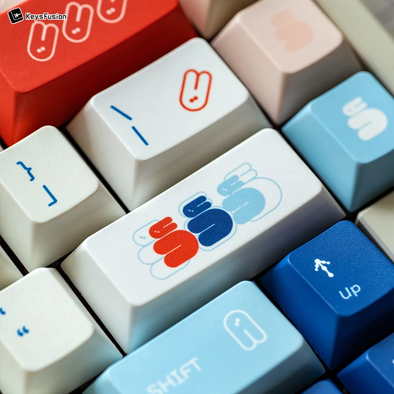 Detailed close-up of SINOKEY White Rabbit Cherry keycaps spacebar featuring iconic rabbit logo and candy colors