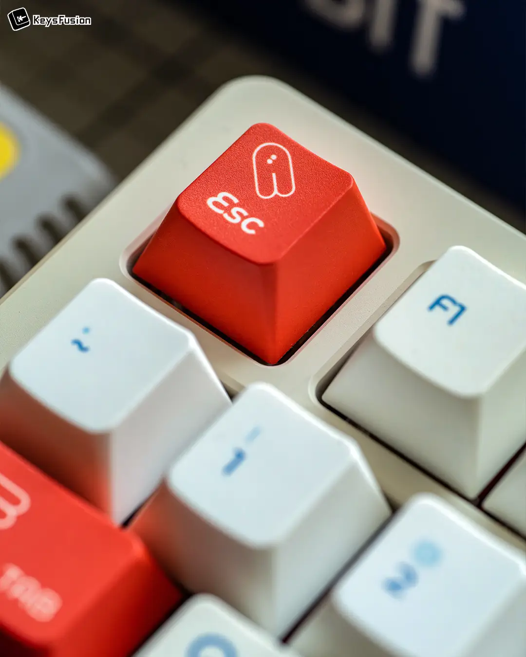 SINOKEY White Rabbit Cherry Profile Keycaps Macro shot of SINOKEY White Rabbit Cherry profile red ESC key with White Rabbit candy logo detail