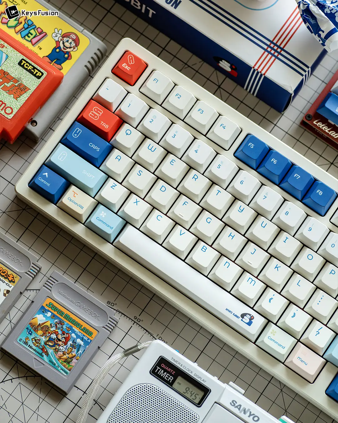 SINOKEY White Rabbit Cherry Profile Keycaps SINOKEY White Rabbit Cherry keycaps on vintage keyboard with retro gaming cartridges nostalgic candy color scheme