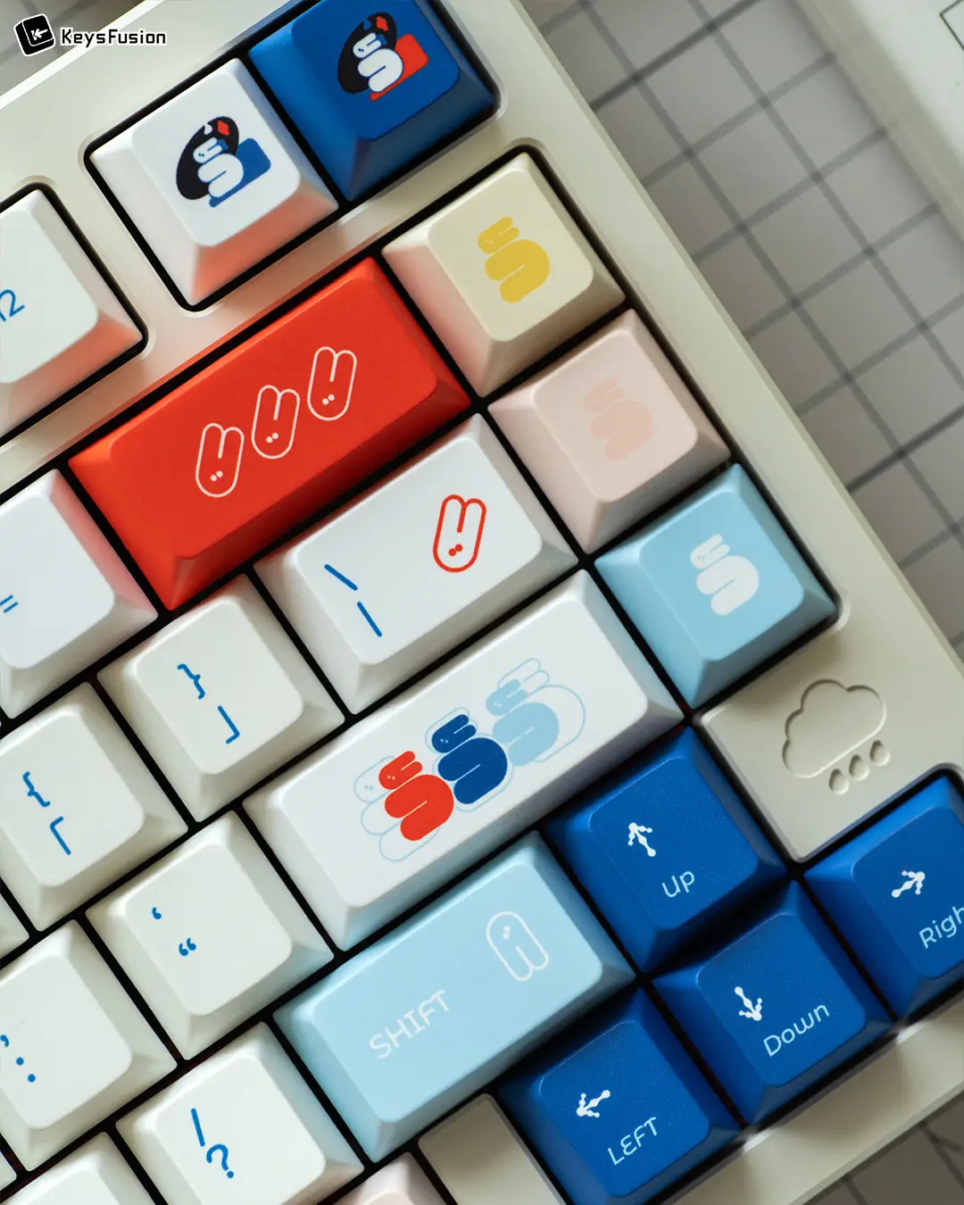 SINOKEY White Rabbit Cherry Profile Keycaps SINOKEY White Rabbit Cherry keycaps right section showing red spacebar with rabbit icons and blue arrow keys