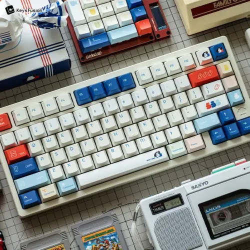 SINOKEY White Rabbit Cherry Profile Keycaps - Complete 146-Key Set with Nostalgic Candy Theme SINOKEY White Rabbit Cherry profile keycaps full set displaying candy-themed colors and vintage radio backdrop