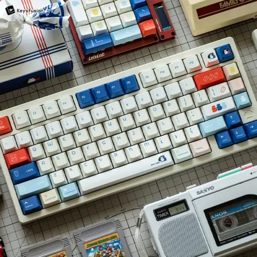 SINOKEY White Rabbit Cherry profile keycaps full set displaying candy-themed colors and vintage radio backdrop